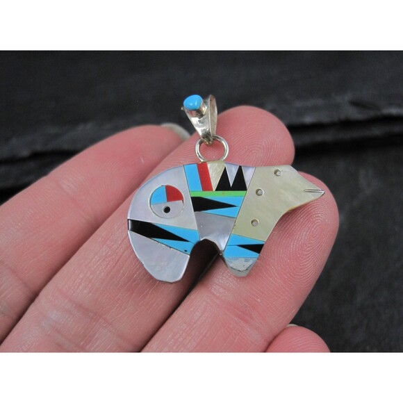 Southwestern Sterling Inlaid Bear Pendant - Picture 8 of 10